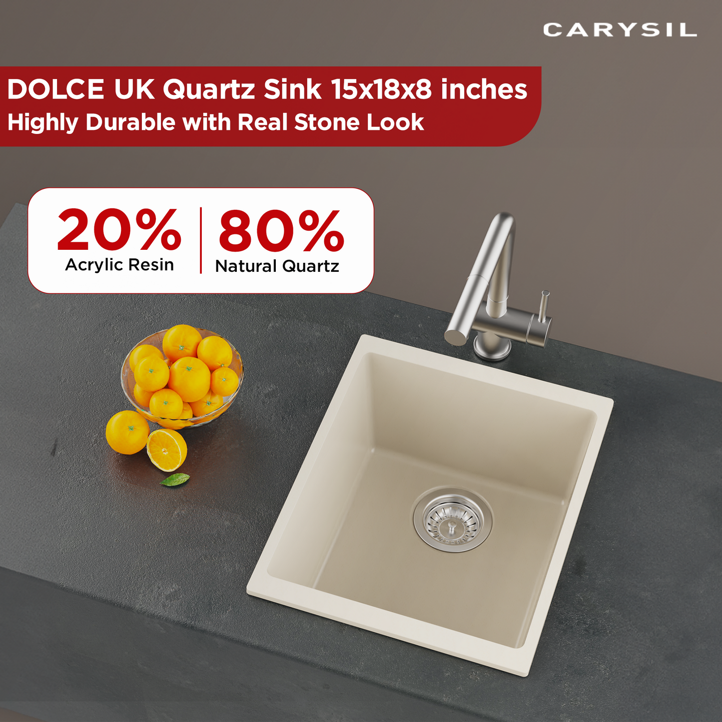 Carysil Quartz Dolce UK Series Single Bowl Kitchen Sink, Real Stone Finish, 304 Stainless Steel Coupling, Kitchen Sink with Sloping Drain, Noise Reduction Design, 15x18x8 inches, Cream