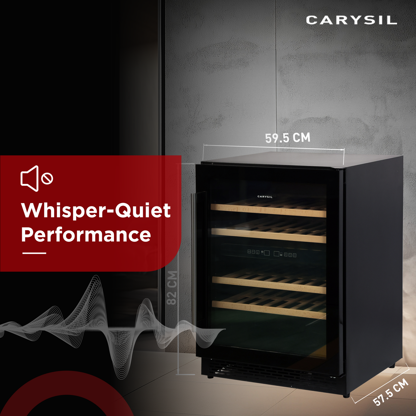 Carysil 49-Bottle Wine Chiller, Free Standing, Dual Cooling Zone (3°C-12°C White Wine & 12°C-20°C Red Wine), Adjustable Wooden Shelves with Toughened Glass Door, LED Display, Ideal for Home