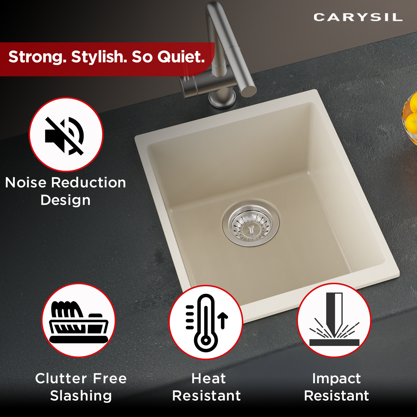 Carysil Quartz Dolce UK Series Single Bowl Kitchen Sink, Real Stone Finish, 304 Stainless Steel Coupling, Kitchen Sink with Sloping Drain, Noise Reduction Design, 15x18x8 inches, Cream