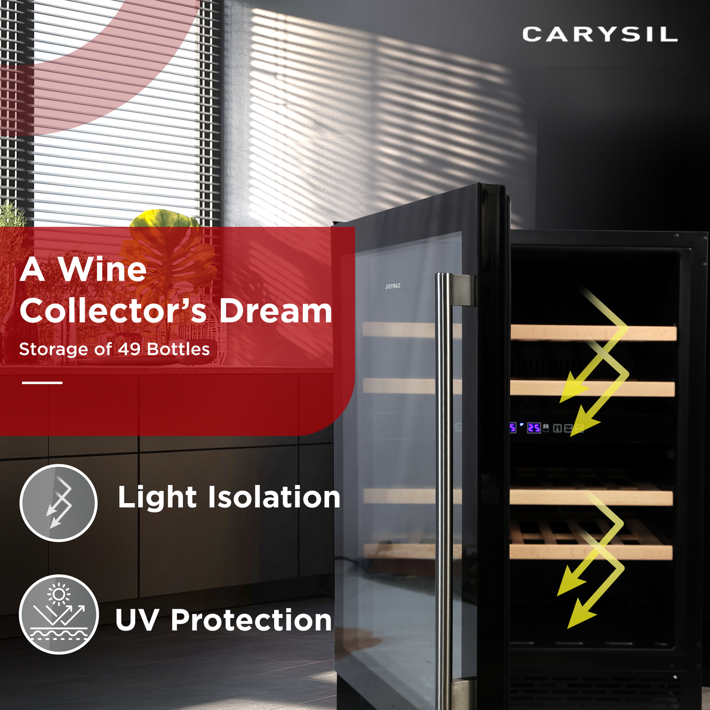 Carysil 49-Bottle Wine Chiller, Free Standing, Dual Cooling Zone (3°C-12°C White Wine & 12°C-20°C Red Wine), Adjustable Wooden Shelves with Toughened Glass Door, LED Display, Ideal for Home
