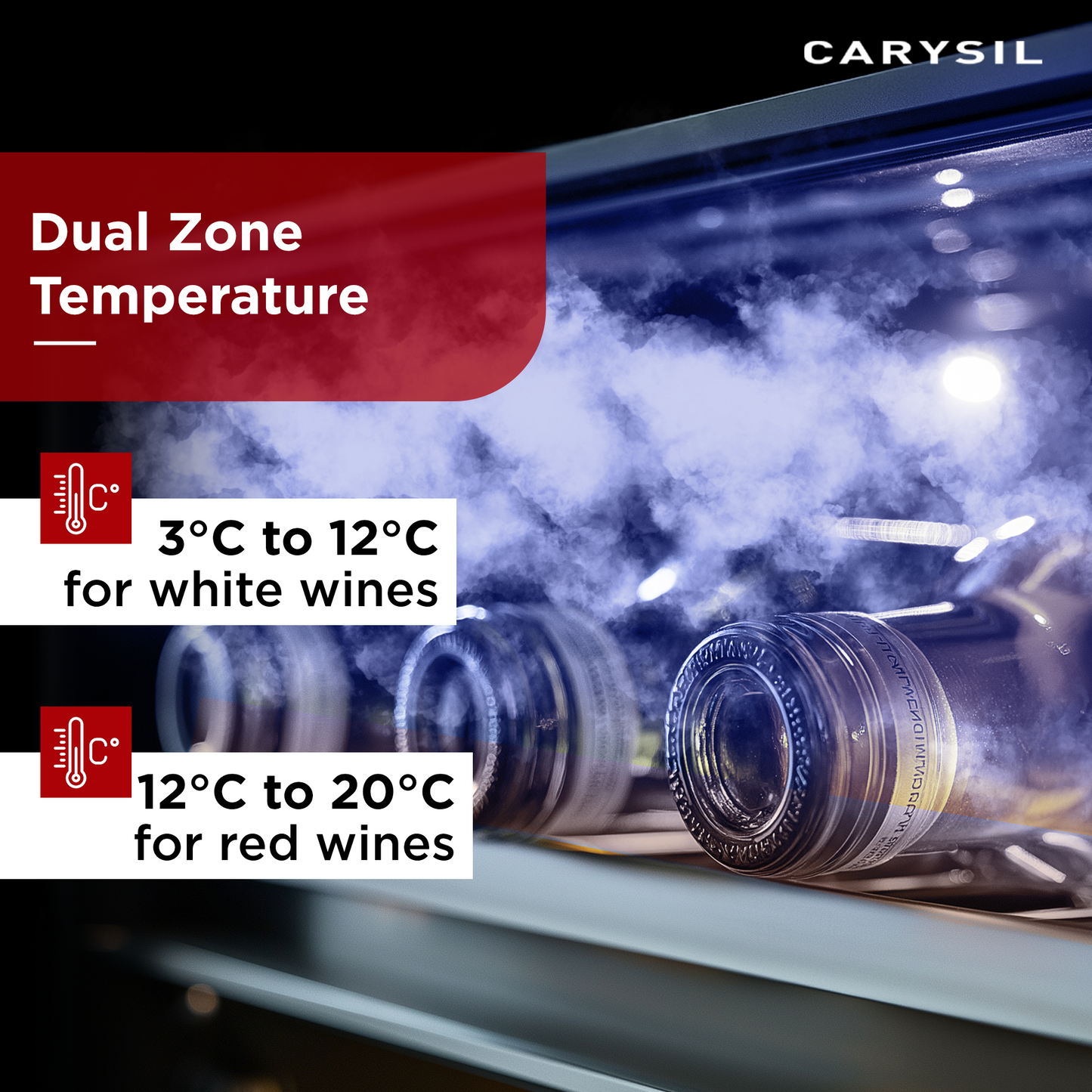 Carysil 54-Bottle Wine Chiller & Soft Drink Cooler, Capacity of 20 Wine Bottles & 75 Cans, Free Standing, Dual Cooling Zone (3°C-12°C White Wine & 12°C-20°C Red Wine), Adjustable Wooden Shelves with Toughened Glass Door, LED Display, Ideal for Home