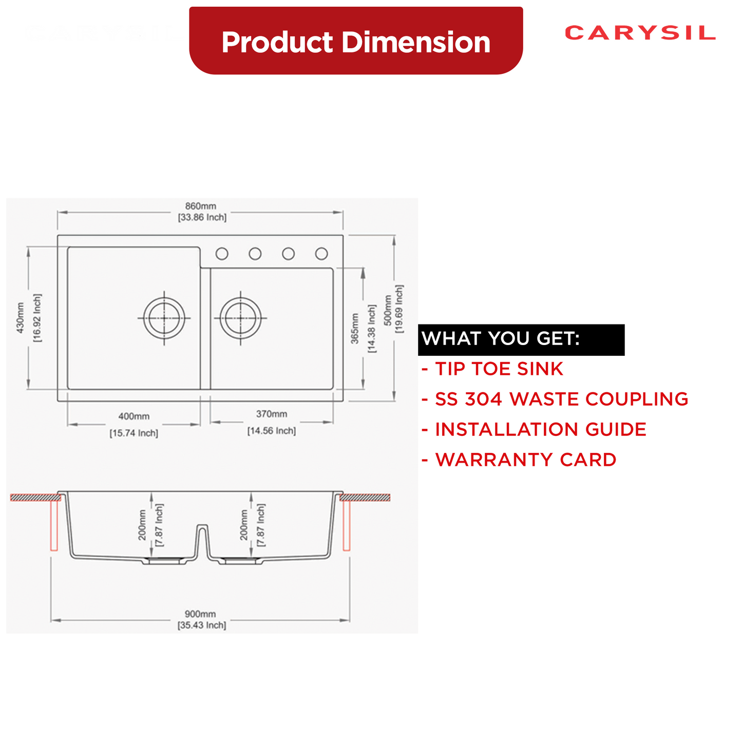 Carysil Quartz Tip Toe N 200 Double Bowl Kitchen Sink, Real Stone Finish, 304 Stainless Steel Coupling, Kitchen Sink with Sloping Drain, Noise Reduction Design, 34x20x8 inches, Cream