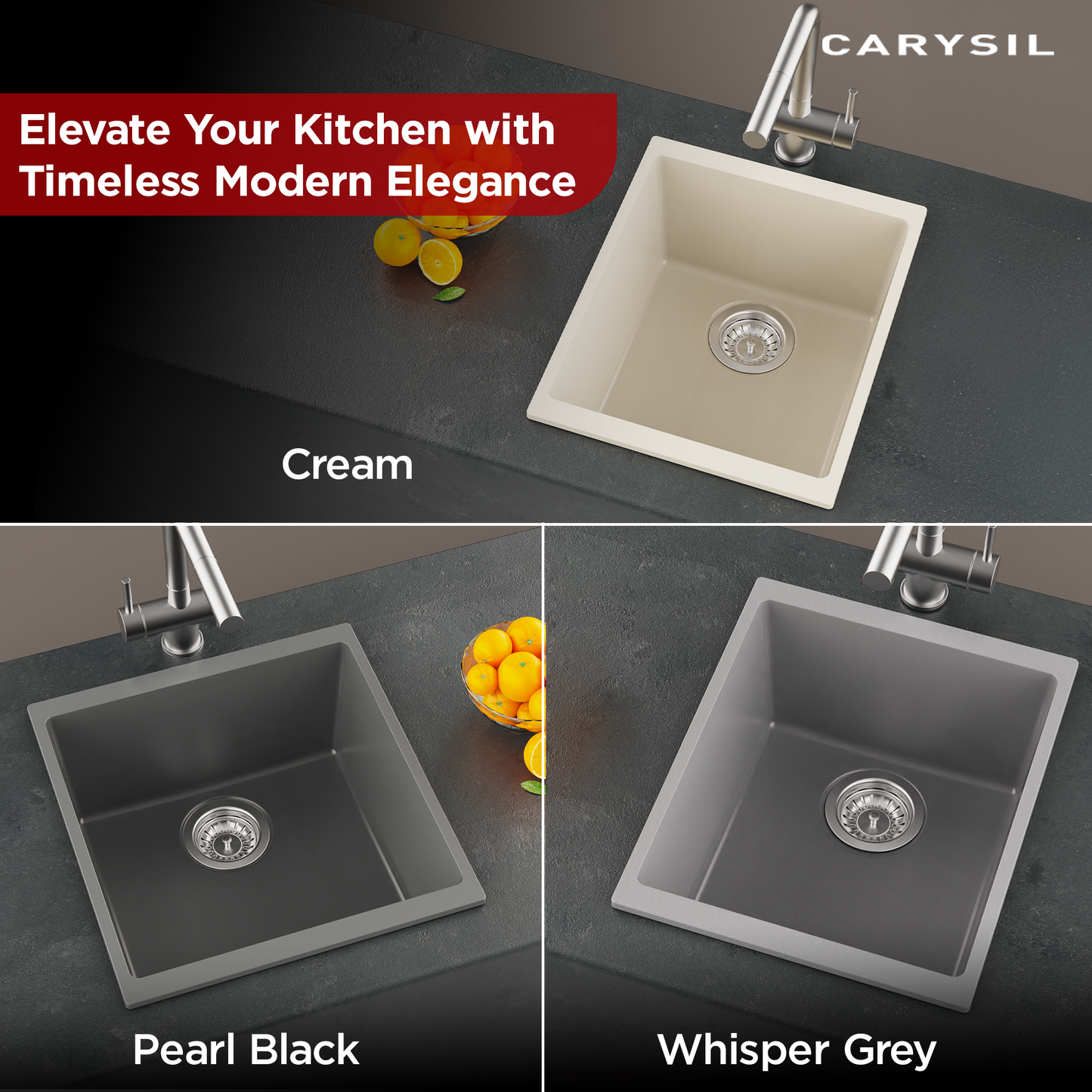 Carysil Quartz Dolce UK Series Single Bowl Kitchen Sink, Real Stone Finish, 304 Stainless Steel Coupling, Kitchen Sink with Sloping Drain, Noise Reduction Design, 15x18x8 inches, Cream