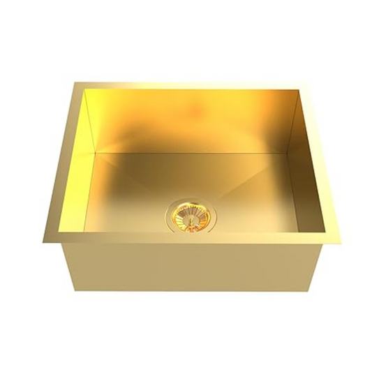 Carysil Classic Quadro N100 PVD Finish Single Bowl Kitchen Sink, Stainless Steel Zero Radius Sink, Deep Bowl, Sloping Drains, Noise Reduction, 304 Coupling, 21x18x8 inches, Yellow Gold