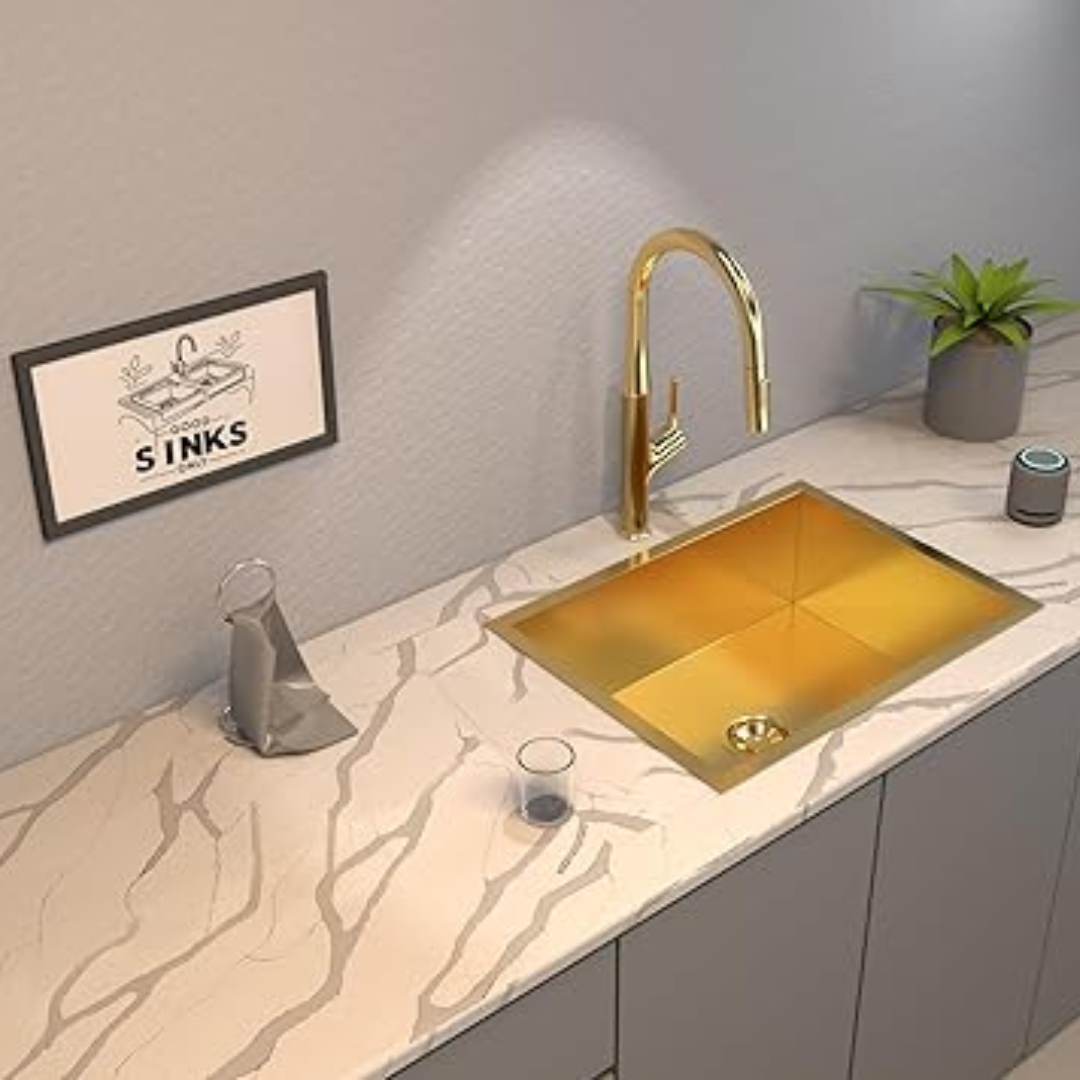 Carysil Classic Quadro N100 PVD Finish Single Bowl Kitchen Sink, Stainless Steel Zero Radius Sink, Deep Bowl, Sloping Drains, Noise Reduction, 304 Coupling, 24x18x8 inches, Yellow Gold