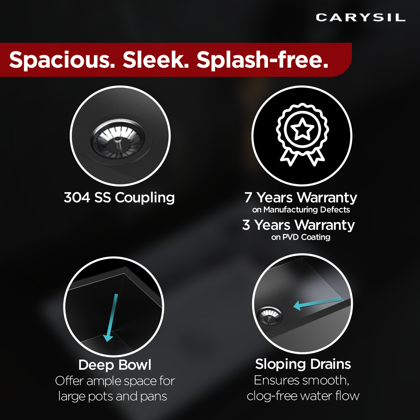 Carysil Classic Quadro N100 PVD Finish Single Bowl Kitchen Sink, Stainless Steel Zero Radius Sink, Deep Bowl, Sloping Drains, Noise Reduction, 304 Coupling, 24x18x8 inches, Gun Metal