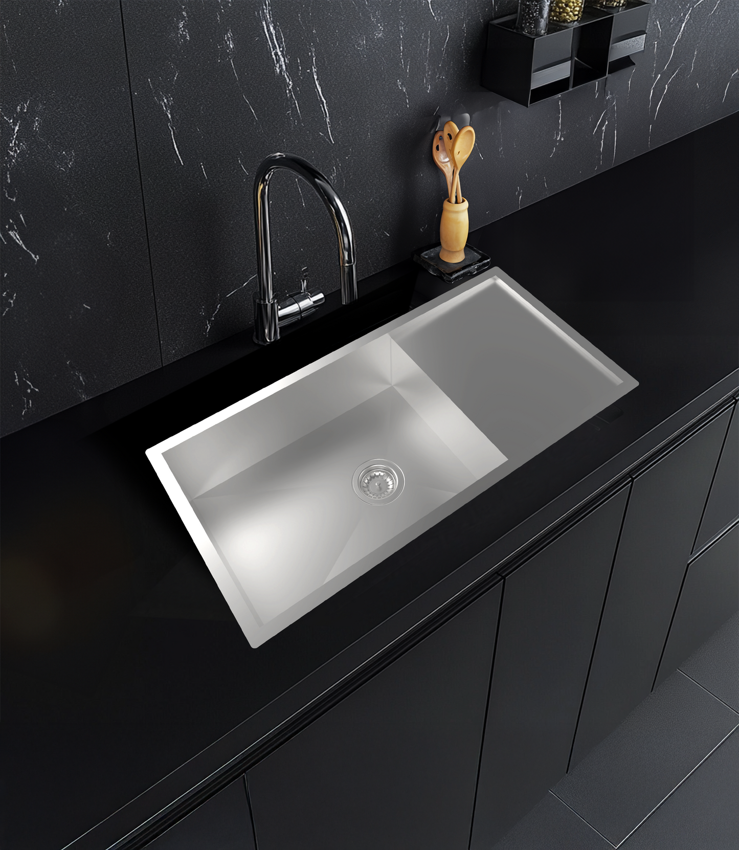 Carysil Quadro Series Zero Radius Single Bowl with Drainboard Kitchen Sink, Stainless Steel Kitchen Sink, 304 Coupling, Noise Reduction Design, Deep Bowl with Sloping Drain, 36x18x8 inches, Satin Finish