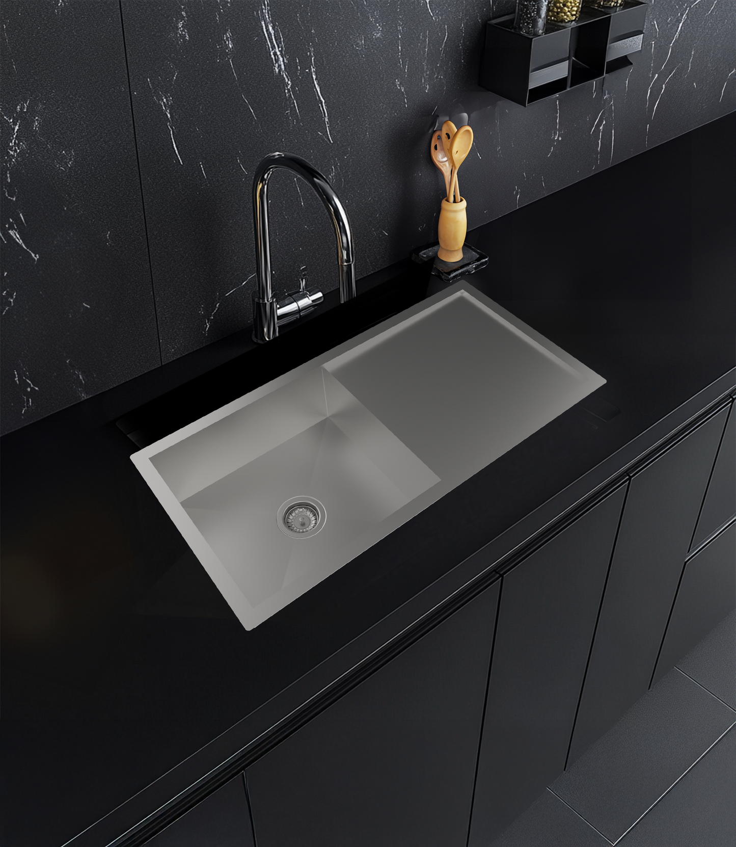 Carysil Quadro Series Zero Radius Single Bowl with Drainboard Kitchen Sink, Stainless Steel Kitchen Sink, 304 Coupling, Noise Reduction Design, Deep Bowl with Sloping Drain, 45x20x9 inches, Satin Finish