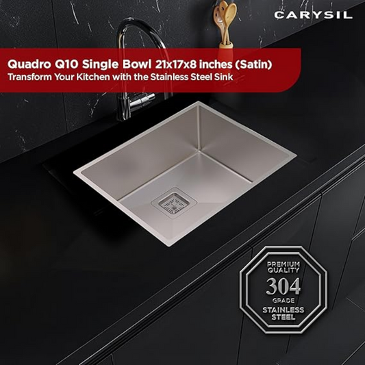 Carysil Micro Radius R10 Series Single Bowl Kitchen Sink, Stainless Steel Kitchen Sink, 10mm Corner Radius, 304 Stainless Steel Coupling, Noise Reduction Design, Deep Bowl with Sloping Drain, 21x17x8 inches, Satin Finish