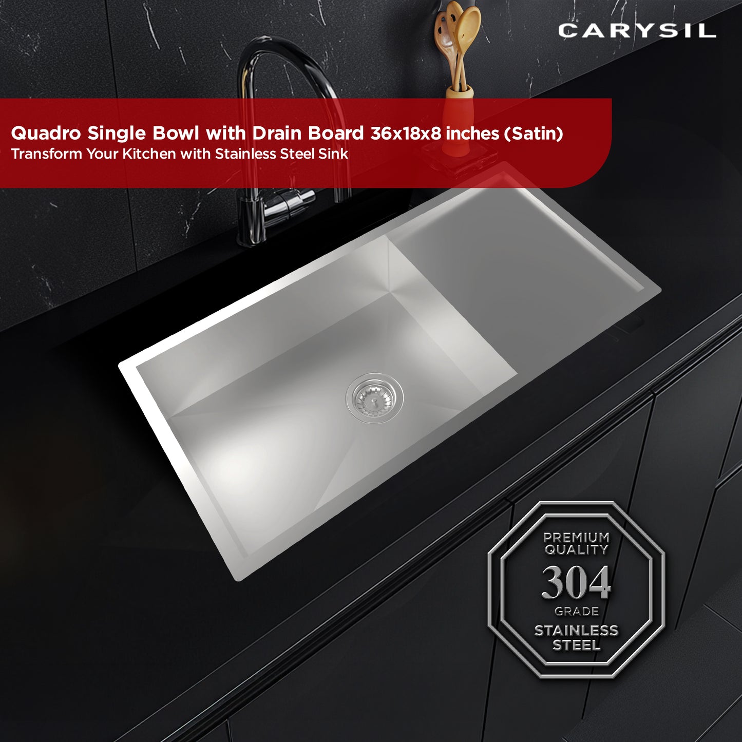 Carysil Quadro Series Zero Radius Single Bowl with Drainboard Kitchen Sink, Stainless Steel Kitchen Sink, 304 Coupling, Noise Reduction Design, Deep Bowl with Sloping Drain, 36x18x8 inches, Satin Finish