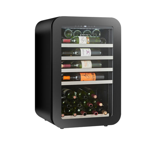 Carysil 40-Bottle Retro Wine Chiller, Free Standing, Single Zone Static Cooling (3°C-20°C), Manual Temperature Control, Toughened Glass Door, Compact and Stylish, Ideal for Home