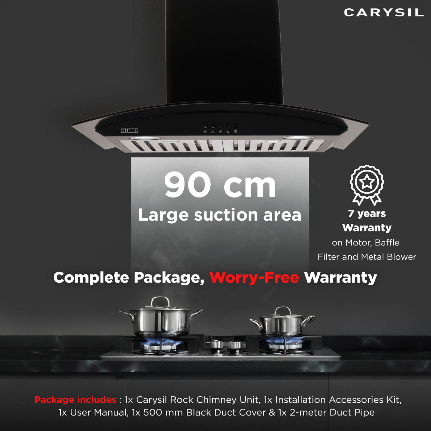 Carysil Cero 90 cm Kitchen Chimney, Curved Shape, 1150 m³/hr Suction Capacity, Baffle Filter, 3-Speed Push Button Control, Oil Collector, LED Lamp, 7-year Motor Warranty