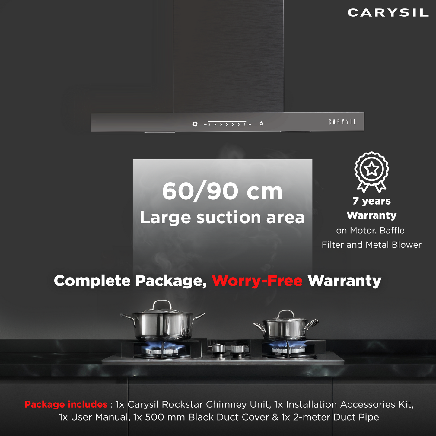 Carysil Rockstar 90 cm Kitchen Chimney, T-Shape, 1180 m³/hr Suction Capacity, Baffle Filter, PDCA Motor, Slider Touch Control, Heat Auto Clean, Oil Collector, LED Lamp, 7-year Motor Warranty (Black)