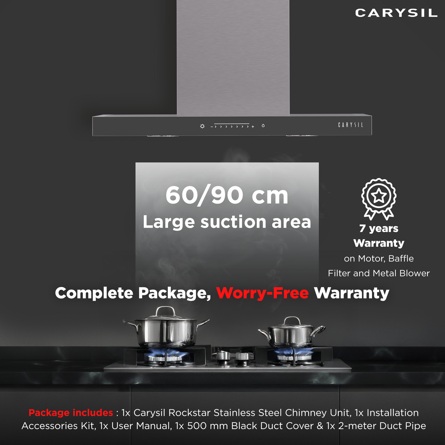 Carysil Rockstar 90 cm Kitchen Chimney, T-Shape, 1180 m³/hr Suction Capacity, Baffle Filter, PDCA Motor, Slider Touch Control, Heat Auto Clean, Oil Collector, LED Lamp, 7-year Motor Warranty (Silver)