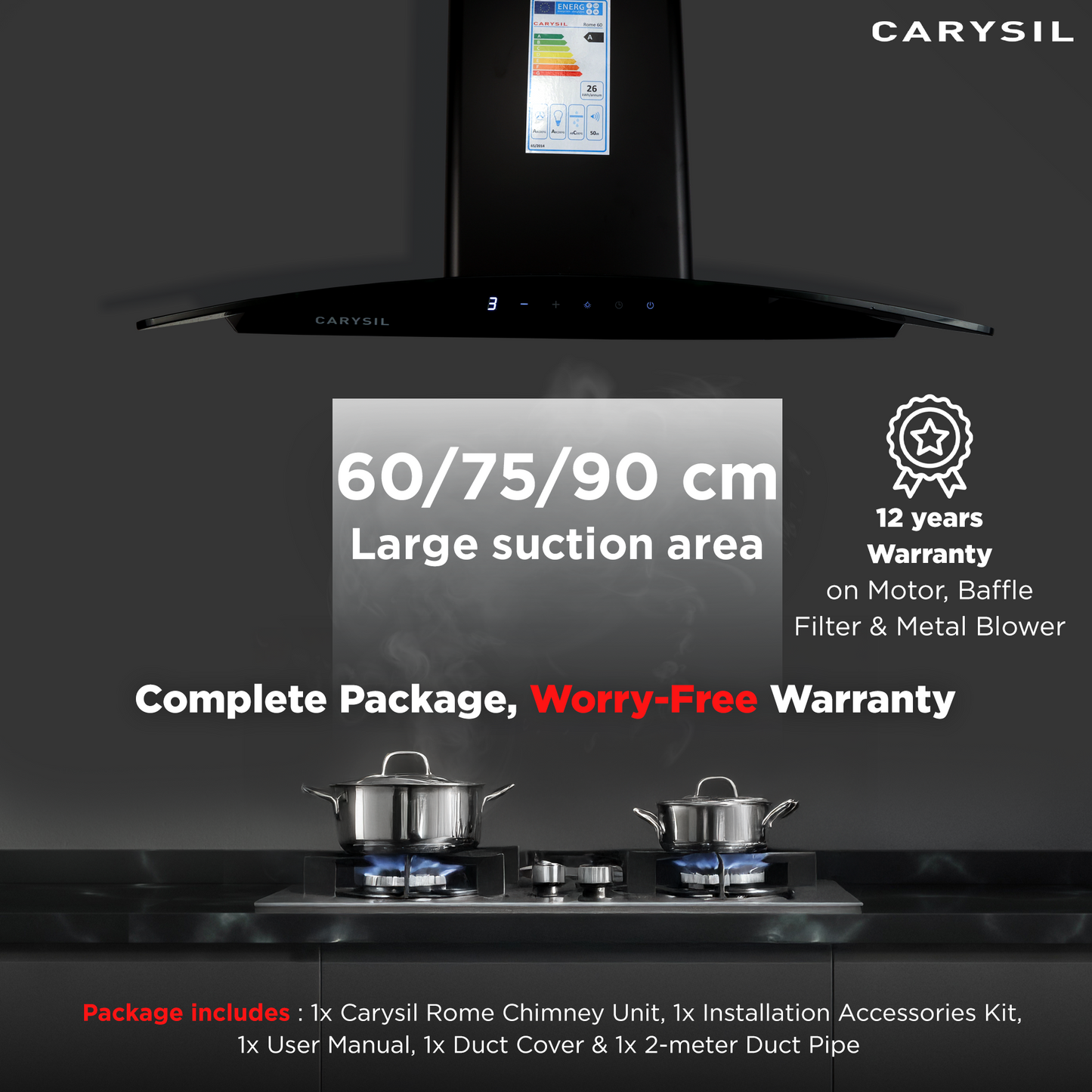 Carysil Rome 90 cm Kitchen Chimney, Curved Shape, 1100 m³/hr Suction Capacity, Baffle Filter, BLDC Silent Motor, A-Energy Class, 3-Speed Touch Control, LED Lamp, 12-year Motor Warranty