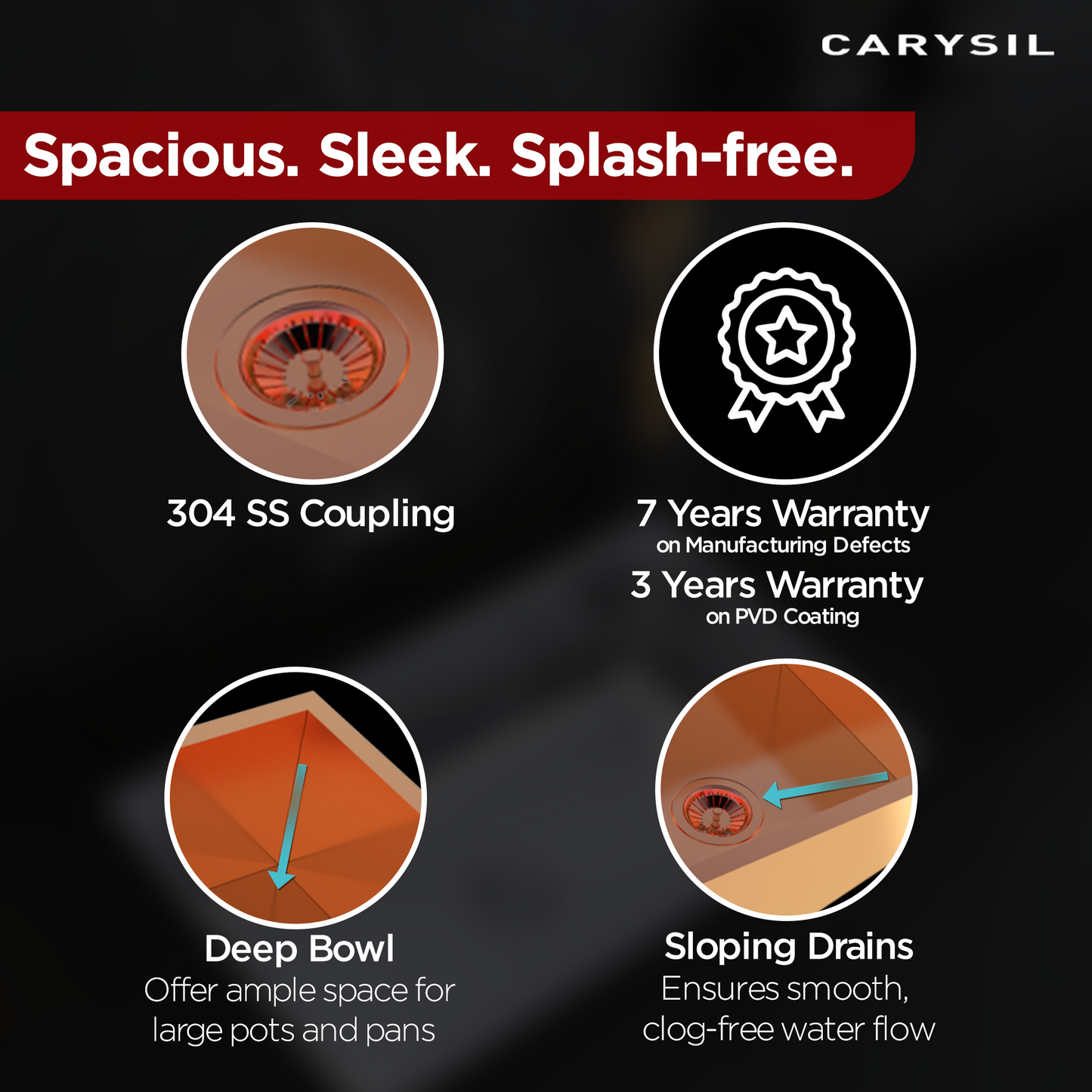 Carysil Classic Quadro N100 PVD Finish Single Bowl Kitchen Sink, Stainless Steel Zero Radius Sink, Deep Bowl, Sloping Drains, Noise Reduction, 304 Coupling, 24x18x8 inches, Rose Gold