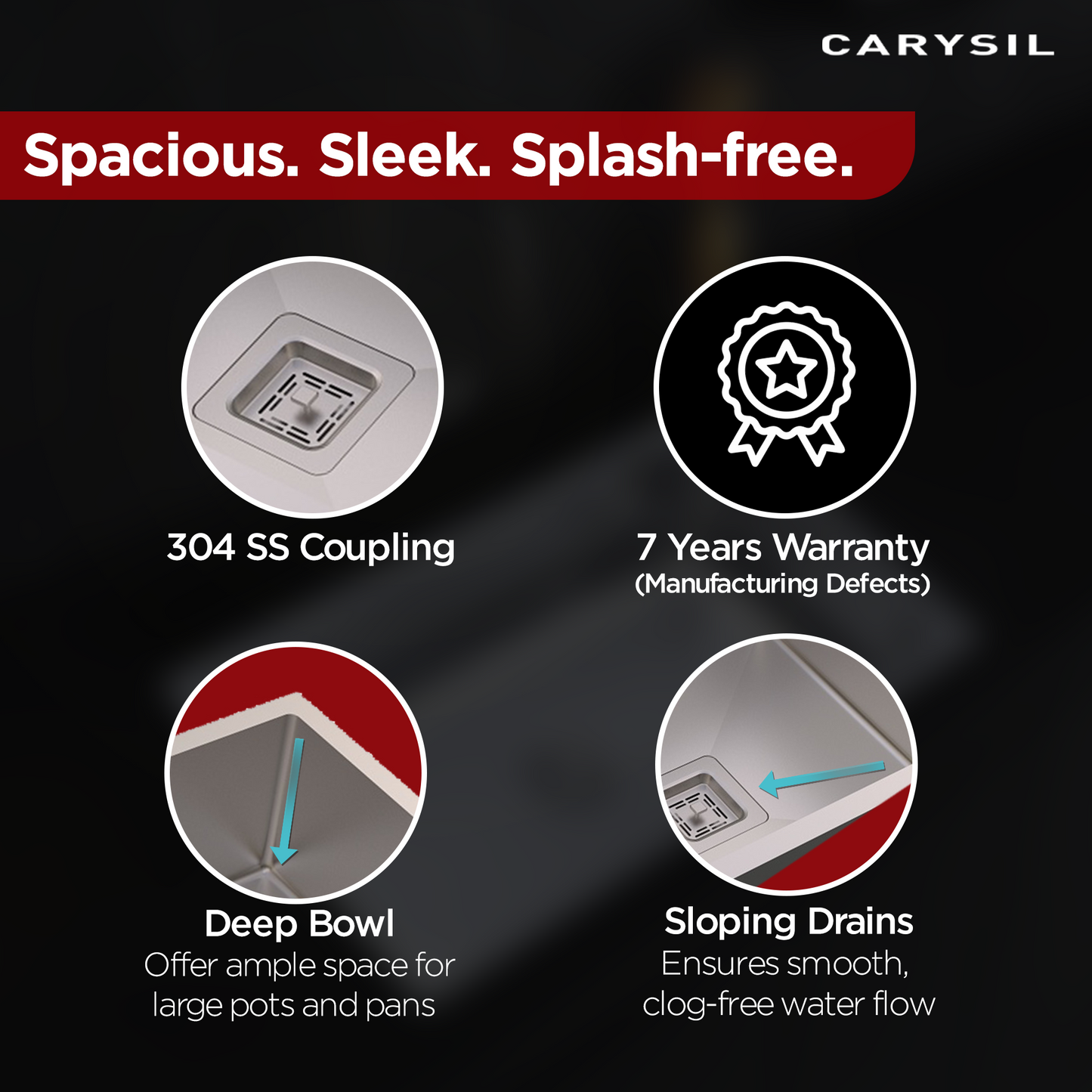 Carysil Micro Radius R10 Series Single Bowl Kitchen Sink, Stainless Steel Kitchen Sink, 10mm Corner Radius, 304 Stainless Steel Coupling, Noise Reduction Design, Deep Bowl with Sloping Drain, 21x17x8 inches, Satin Finish