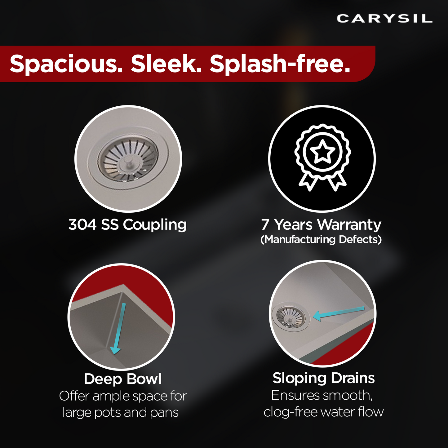 Carysil Quadro Series Zero Radius Single Bowl Kitchen Sink, Stainless Steel Kitchen Sink, 304 Coupling, Noise Reduction Design, Deep Bowl with Sloping Drain, 21x18x8 inches, Satin Finish