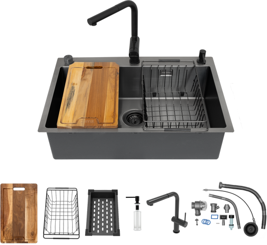 Carysil All-in-one Workstation Sink, 304 Stainless Steel Kitchen Sink with Pull-out Faucet, Soap Dispenser, Chopping Board, Flexible Basket, Colander, 30x20x8 inches, Gun Metal