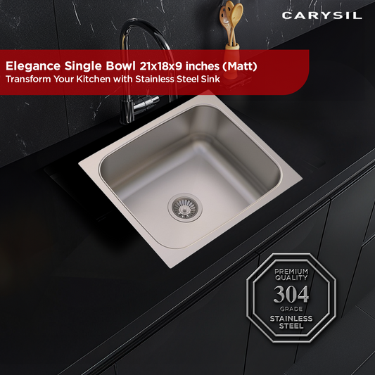 Carysil Elegance Series Single Bowl Kitchen Sink, Stainless Steel Kitchen Sink, 304 Stainless Steel Coupling, Noise Reduction Design, Deep Bowl with Sloping Drain, 21x18x9 inches, Matt Finish