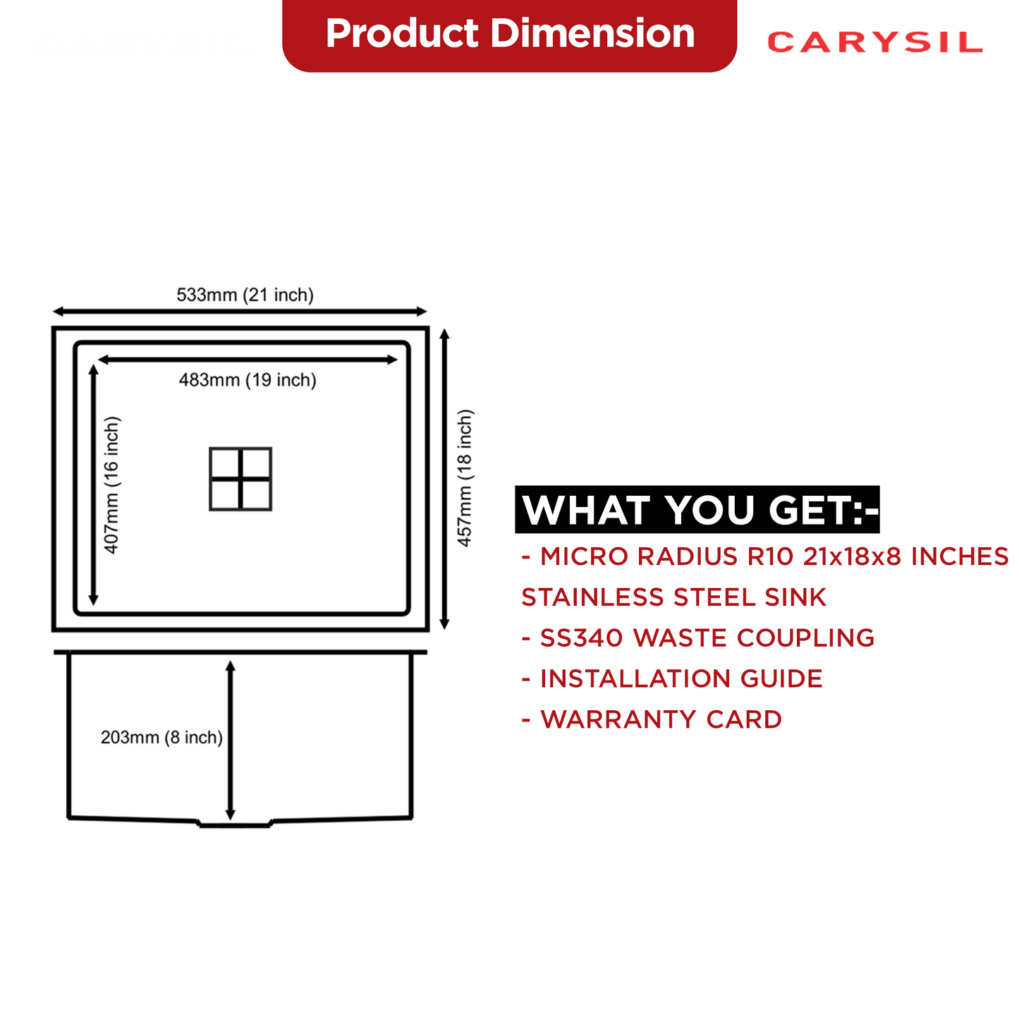 Carysil Micro Radius R10 Series Single Bowl Kitchen Sink, Stainless Steel Kitchen Sink, 10mm Corner Radius, 304 Stainless Steel Coupling, Noise Reduction Design, Deep Bowl with Sloping Drain, 21x18x8 inches, Satin Finish