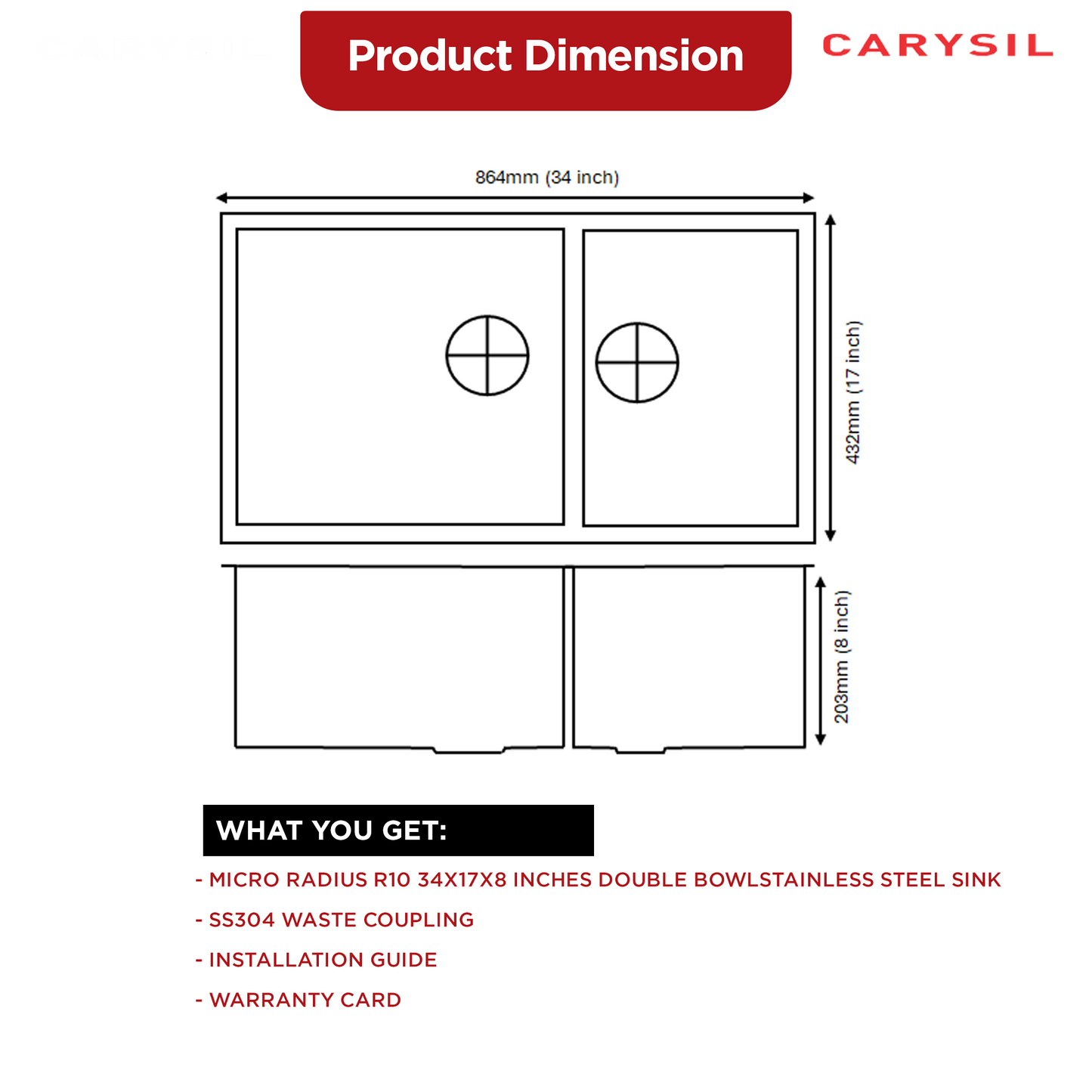 Carysil Micro Radius R10 Series Double Bowl Kitchen Sink, Stainless Steel Kitchen Sink, 10mm Corner Radius, 304 Stainless Steel Coupling, Noise Reduction Design, Deep Bowl with Sloping Drain, 34x17x8 inches, Satin Finish