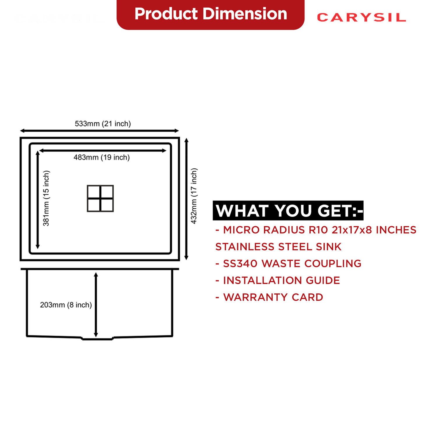 Carysil Micro Radius R10 Series Single Bowl Kitchen Sink, Stainless Steel Kitchen Sink, 10mm Corner Radius, 304 Stainless Steel Coupling, Noise Reduction Design, Deep Bowl with Sloping Drain, 21x17x8 inches, Satin Finish