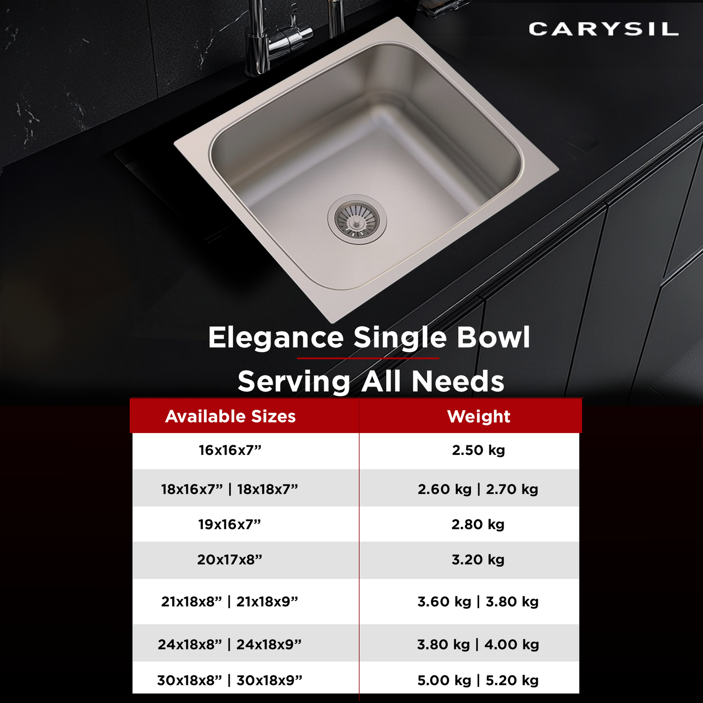 Carysil Elegance Series Single Bowl Kitchen Sink, Stainless Steel Kitchen Sink, 304 Stainless Steel Coupling, Noise Reduction Design, Deep Bowl with Sloping Drain, 21x18x9 inches, Matt Finish