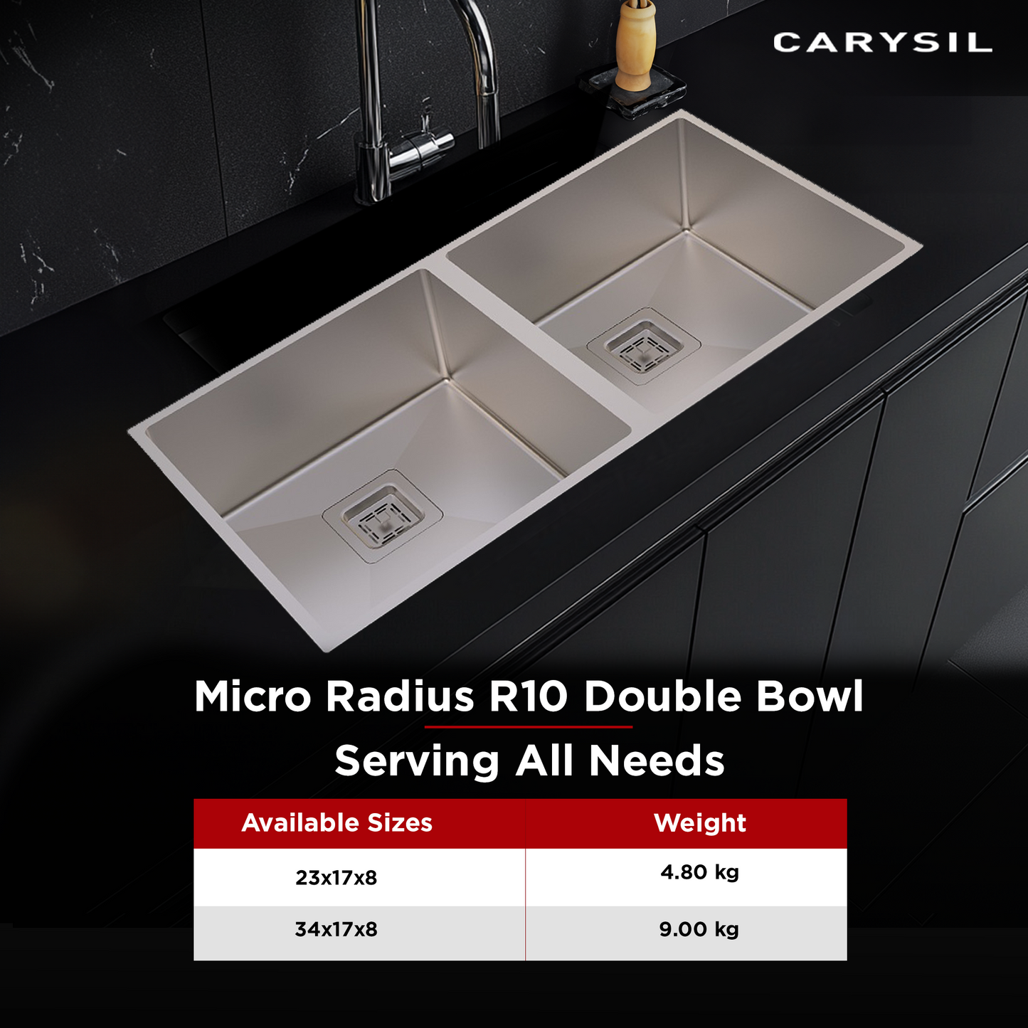 Carysil Micro Radius R10 Series Double Bowl Kitchen Sink, Stainless Steel Kitchen Sink, 10mm Corner Radius, 304 Stainless Steel Coupling, Noise Reduction Design, Deep Bowl with Sloping Drain, 34x17x8 inches, Satin Finish