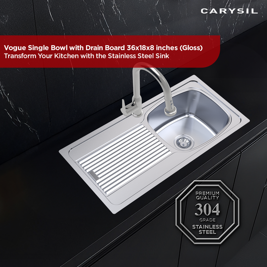 Carysil Vogue Series Single Bowl Kitchen Sink with Drain Board, Stainless Steel Kitchen Sink, 304 Stainless Steel Coupling, Easy to Clean, Deep Bowl with Sloping Drain, 36x18x8 inches, Glossy Finish