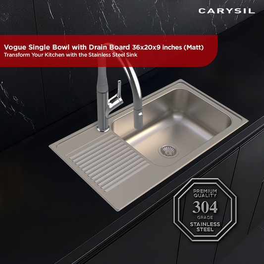 Carysil Vogue Series Single Bowl Kitchen Sink with Drain Board, Stainless Steel Kitchen Sink, 304 Stainless Steel Coupling, Easy to Clean, Deep Bowl with Sloping Drain, 36x20x9 inches, Matt Finish