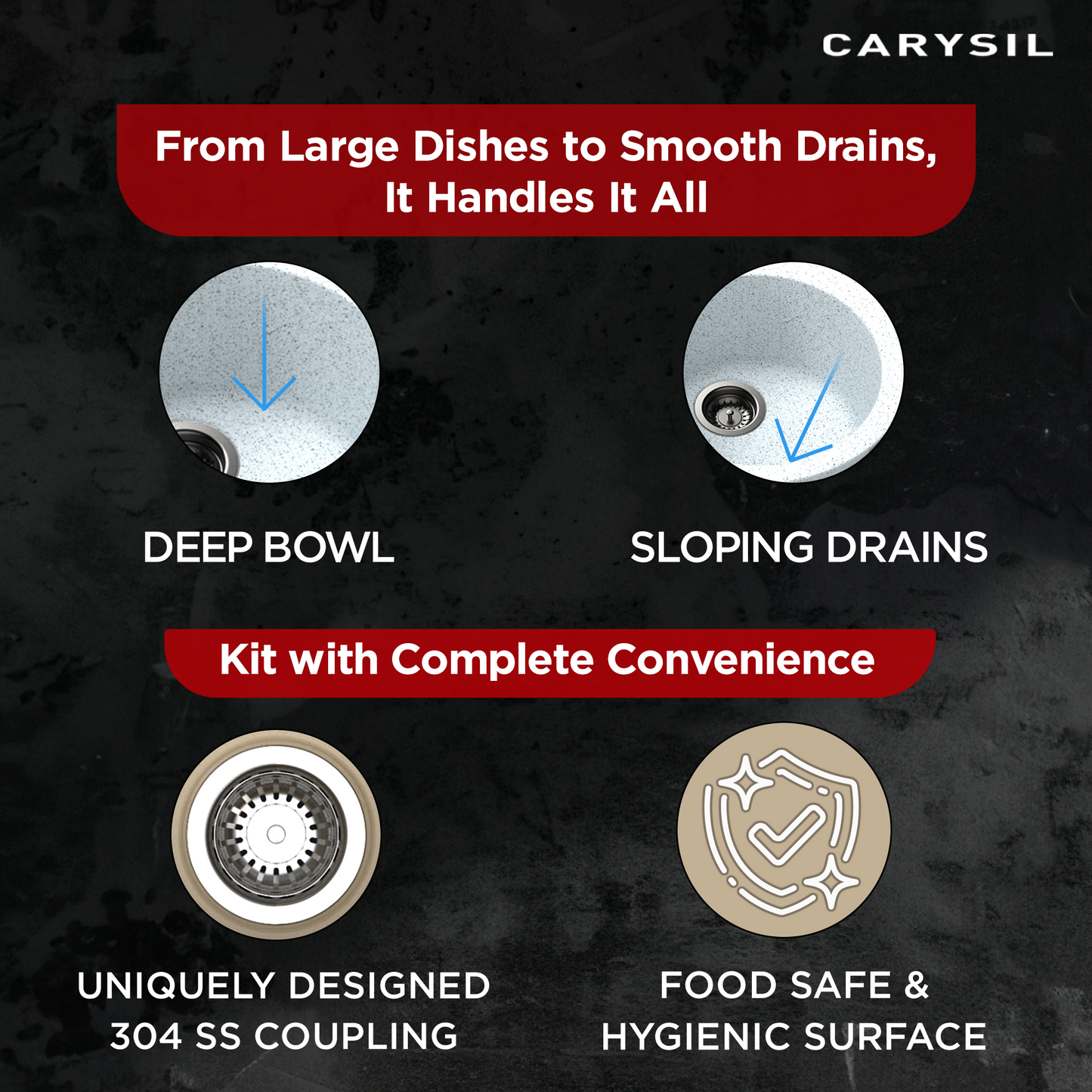 Carysil Quartz Glory N100 Single Bowl Kitchen Sink, Real Stone Finish, 304 Stainless Steel Coupling, Kitchen Sink with Sloping Drain, Noise Reduction Design, 20x20x8 inches, Montana