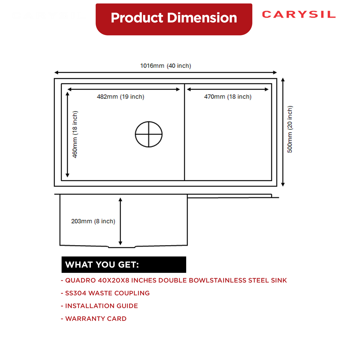 Carysil Quadro Series Zero Radius Single Bowl with Drainboard Kitchen Sink, Stainless Steel Kitchen Sink, 304 Coupling, Noise Reduction Design, Deep Bowl with Sloping Drain, 40x20x8 inches, Satin Finish