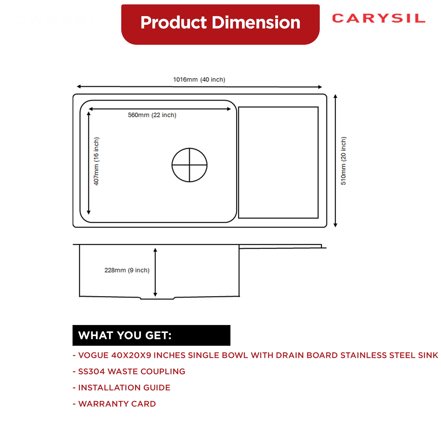 Carysil Vogue Series Single Bowl Kitchen Sink with Drain Board, Stainless Steel Kitchen Sink, 304 Stainless Steel Coupling, Easy to Clean, Deep Bowl with Sloping Drain, 40x20x9 inches, Matt Finish