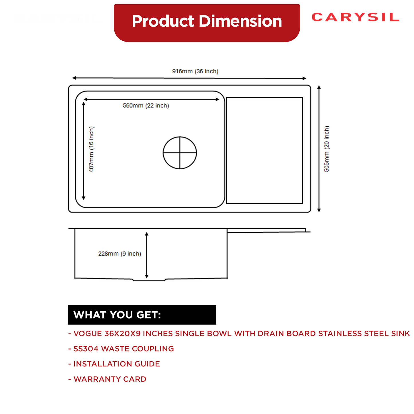 Carysil Vogue Series Single Bowl Kitchen Sink with Drain Board, Stainless Steel Kitchen Sink, 304 Stainless Steel Coupling, Easy to Clean, Deep Bowl with Sloping Drain, 36x20x9 inches, Matt Finish