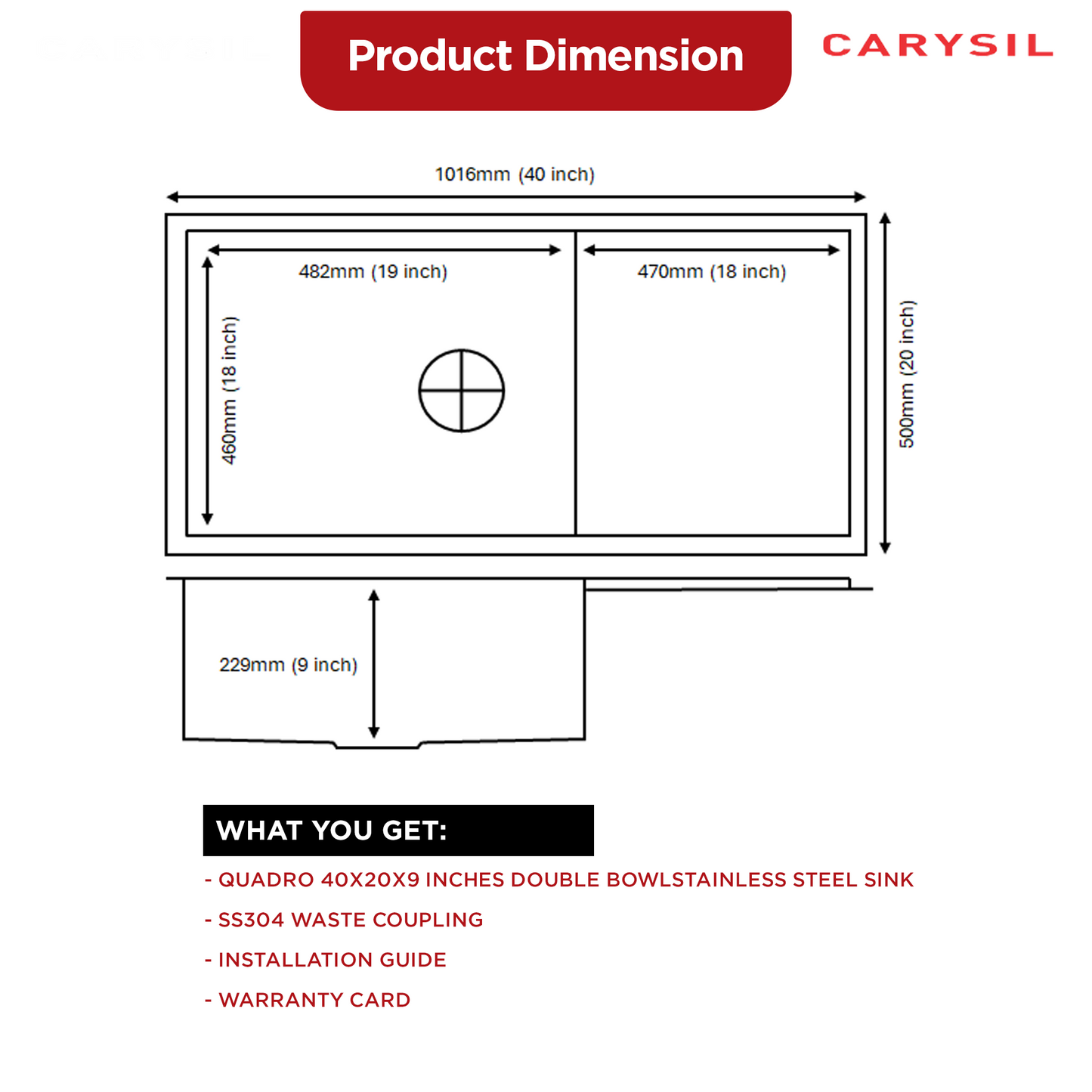 Carysil Quadro Series Zero Radius Single Bowl with Drainboard Kitchen Sink, Stainless Steel Kitchen Sink, 304 Coupling, Noise Reduction Design, Deep Bowl with Sloping Drain, 40x20x9 inches, Satin Finish