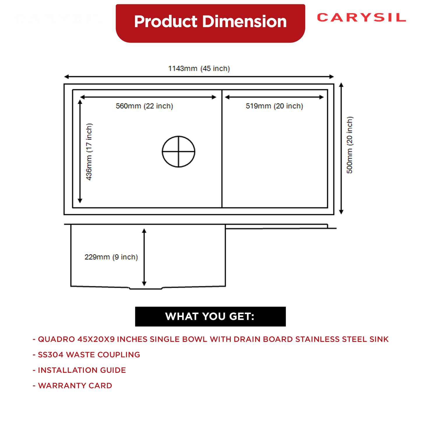 Carysil Quadro Series Zero Radius Single Bowl with Drainboard Kitchen Sink, Stainless Steel Kitchen Sink, 304 Coupling, Noise Reduction Design, Deep Bowl with Sloping Drain, 45x20x9 inches, Satin Finish