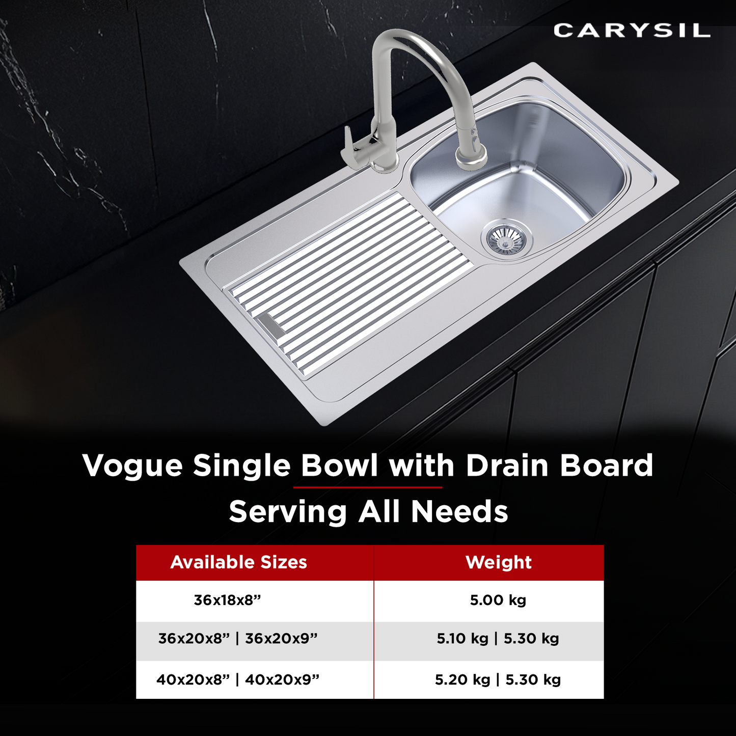Carysil Vogue Series Single Bowl Kitchen Sink with Drain Board, Stainless Steel Kitchen Sink, 304 Stainless Steel Coupling, Easy to Clean, Deep Bowl with Sloping Drain, 36x18x8 inches, Glossy Finish