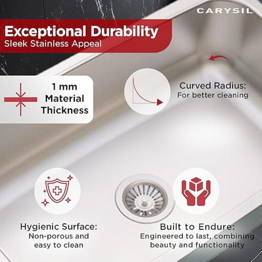 Carysil Elegance ESG Ultra Matt Stainless Steel Kitchen Sink, 24x18x8 inches, Single Bowl Stainless Sink, Noise Reduction Technology, Heat, Scratch & Stain Resistant, Sloping Drains, 304 SS Coupling
