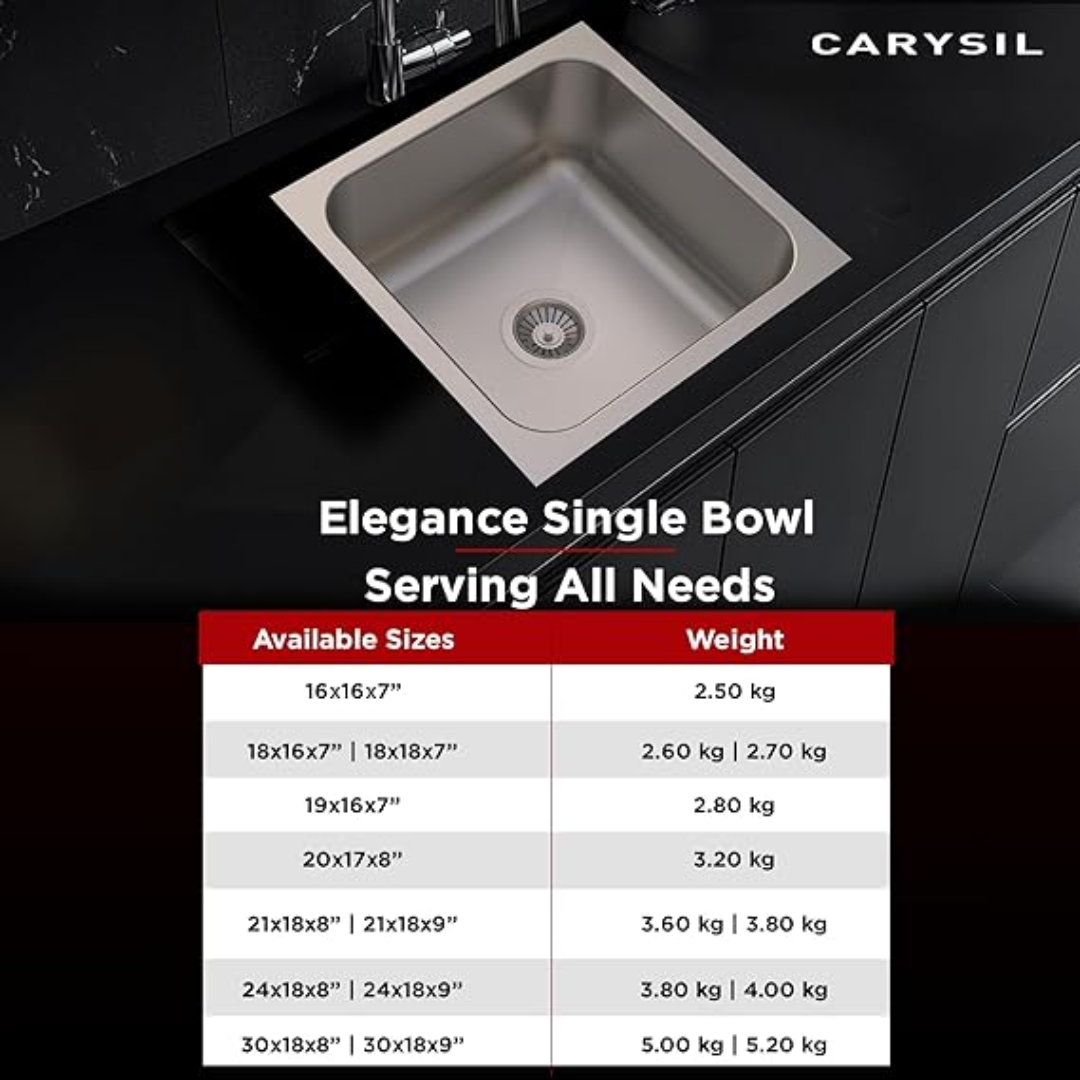 Carysil Elegance Series Single Bowl Kitchen Sink, Stainless Steel Kitchen Sink, 304 Stainless Steel Coupling, Noise Reduction Design, Deep Bowl with Sloping Drain, 18x18x7 inches, Matt Finish