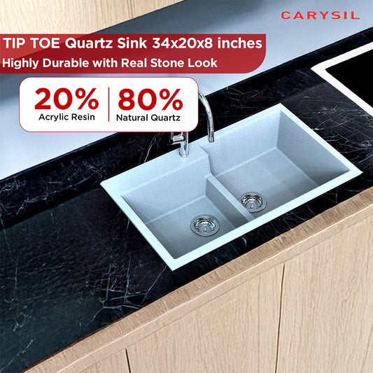 Carysil Quartz Tip Toe N 200 Double Bowl Kitchen Sink, Real Stone Finish, 304 Stainless Steel Coupling, Kitchen Sink with Sloping Drain, Noise Reduction Design, 34x20x8 inches, Arena