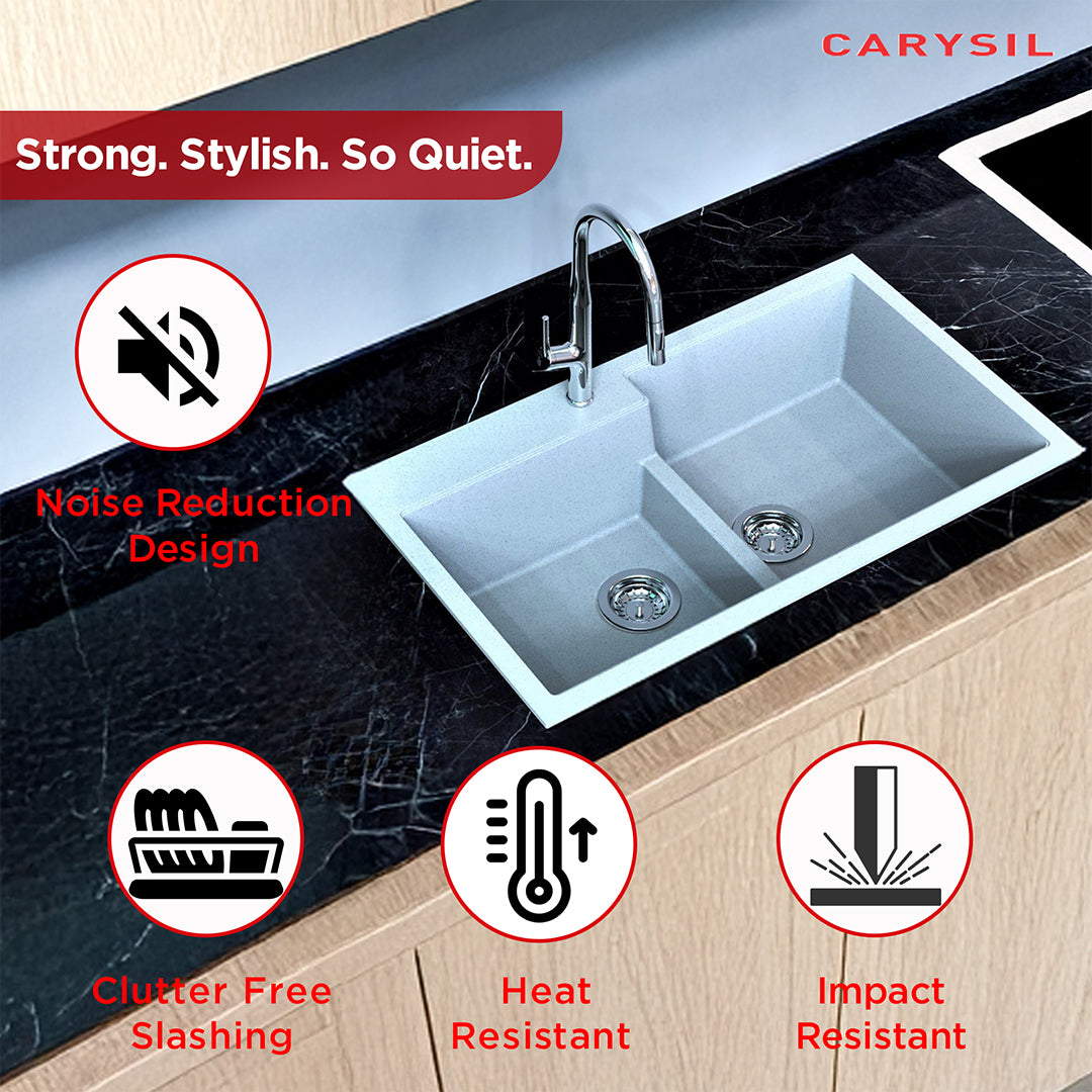 Carysil Quartz Tip Toe N 200 Double Bowl Kitchen Sink, Real Stone Finish, 304 Stainless Steel Coupling, Kitchen Sink with Sloping Drain, Noise Reduction Design, 34x20x8 inches, Arena