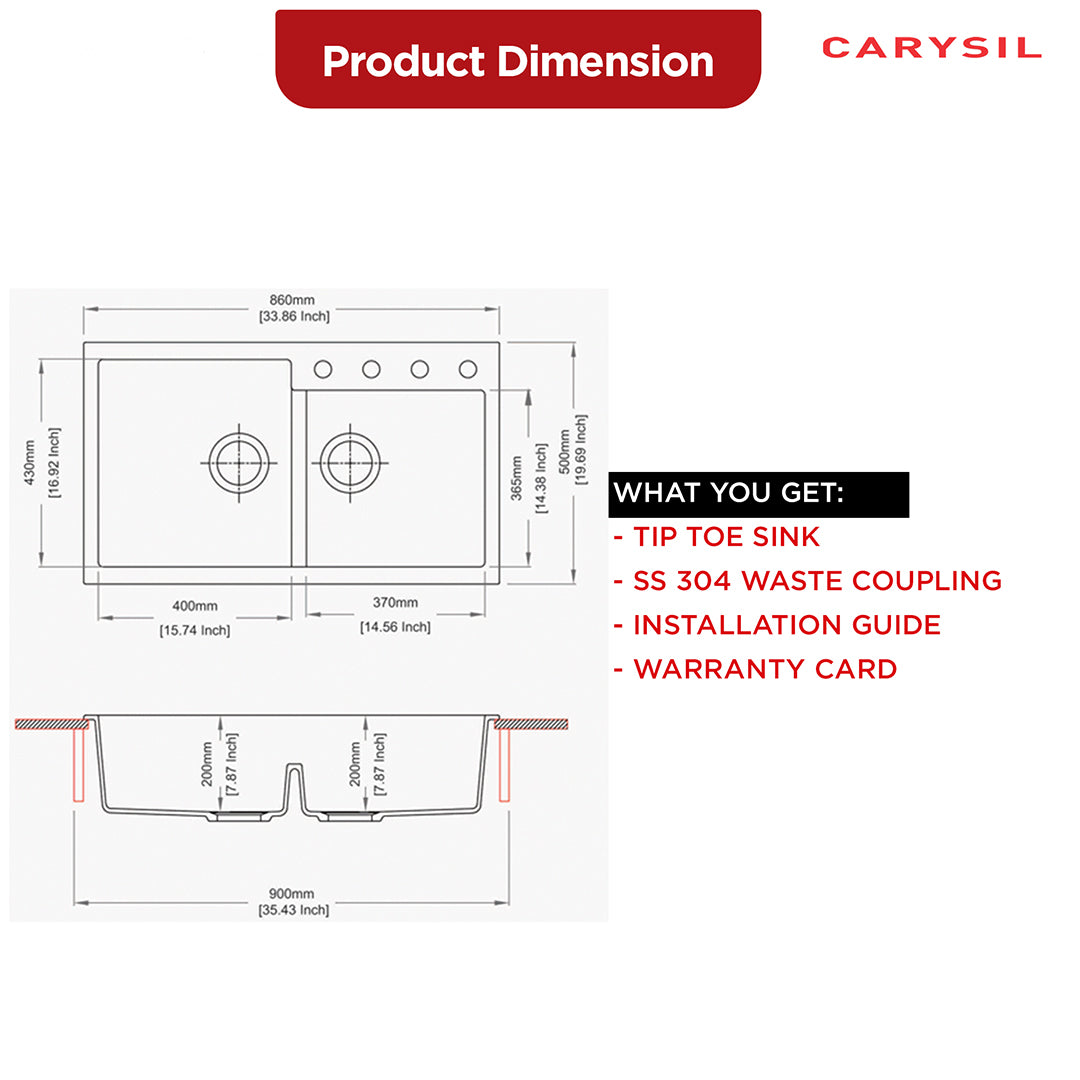 Carysil Quartz Tip Toe N 200 Double Bowl Kitchen Sink, Real Stone Finish, 304 Stainless Steel Coupling, Kitchen Sink with Sloping Drain, Noise Reduction Design, 34x20x8 inches, Arena