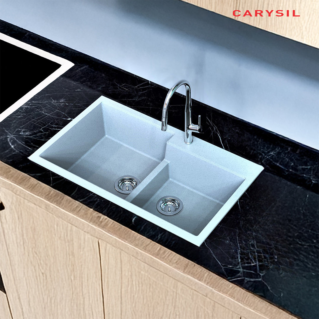 Carysil Quartz Tip Toe N 200 Double Bowl Kitchen Sink, Real Stone Finish, 304 Stainless Steel Coupling, Kitchen Sink with Sloping Drain, Noise Reduction Design, 34x20x8 inches, Arena