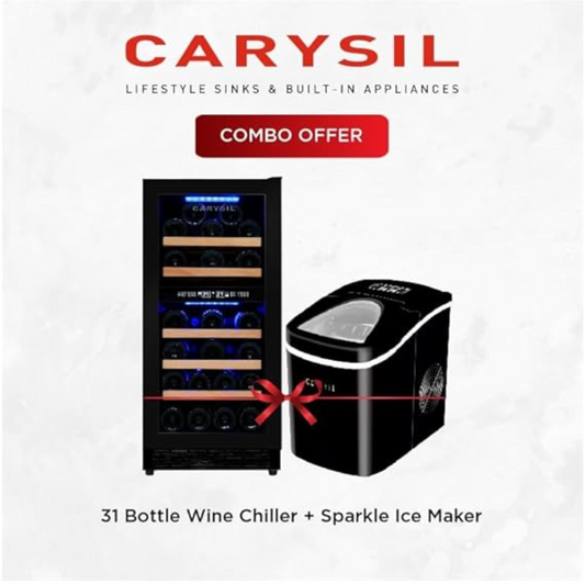 Carysil Wine Chiller and Ice Maker Combo Pack, 31 Bottle Capacity, 12 kg/24h Ice Making, Makes 9 Ice Cubes in 1 Batch, Temperature Control, Wooden Shelves