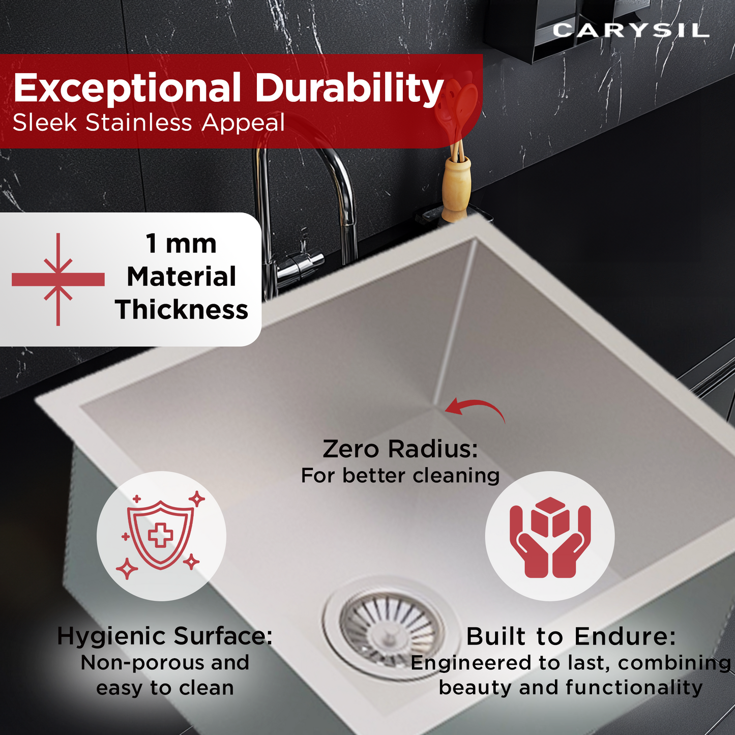 Carysil Quadro Series Zero Radius Single Bowl with Drainboard Kitchen Sink, Stainless Steel Kitchen Sink, 304 Coupling, Noise Reduction Design, Deep Bowl with Sloping Drain, 40x20x9 inches, Satin Finish