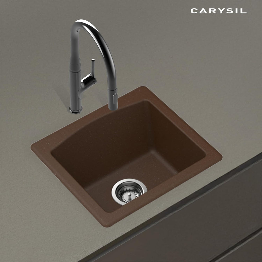Carysil Quartz C'est Bon Single Bowl Kitchen Sink, Real Stone Finish, 304 Stainless Steel Coupling, Kitchen Sink with Sloping Drain, Noise Reduction Design, 18x16x8 inches, Brown