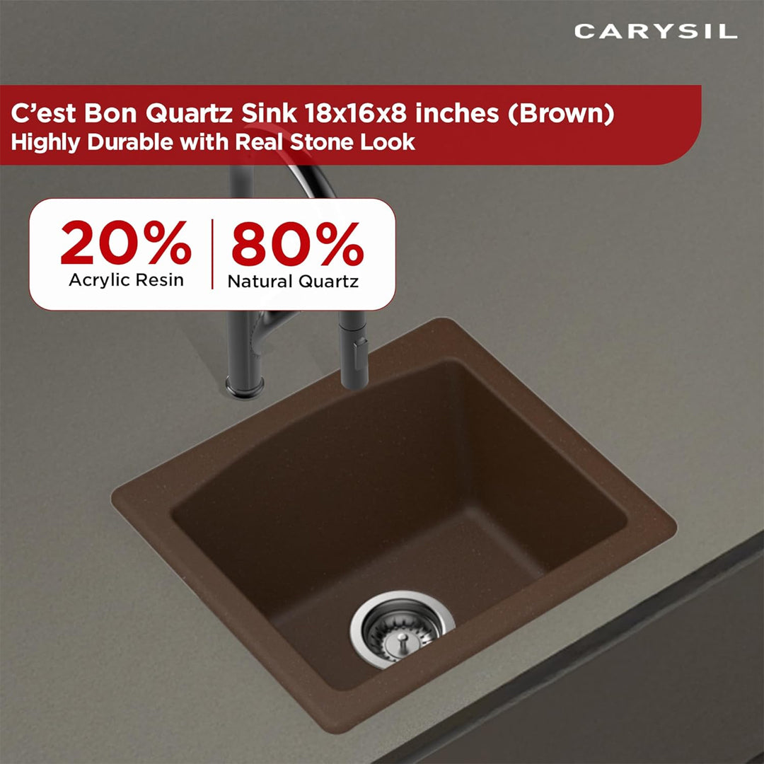 Carysil Quartz C'est Bon Single Bowl Kitchen Sink, Real Stone Finish, 304 Stainless Steel Coupling, Kitchen Sink with Sloping Drain, Noise Reduction Design, 18x16x8 inches, Brown