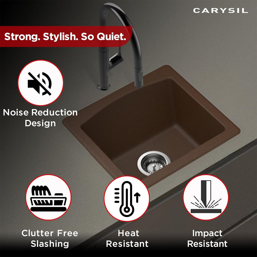 Carysil Quartz C'est Bon Single Bowl Kitchen Sink, Real Stone Finish, 304 Stainless Steel Coupling, Kitchen Sink with Sloping Drain, Noise Reduction Design, 18x16x8 inches, Brown