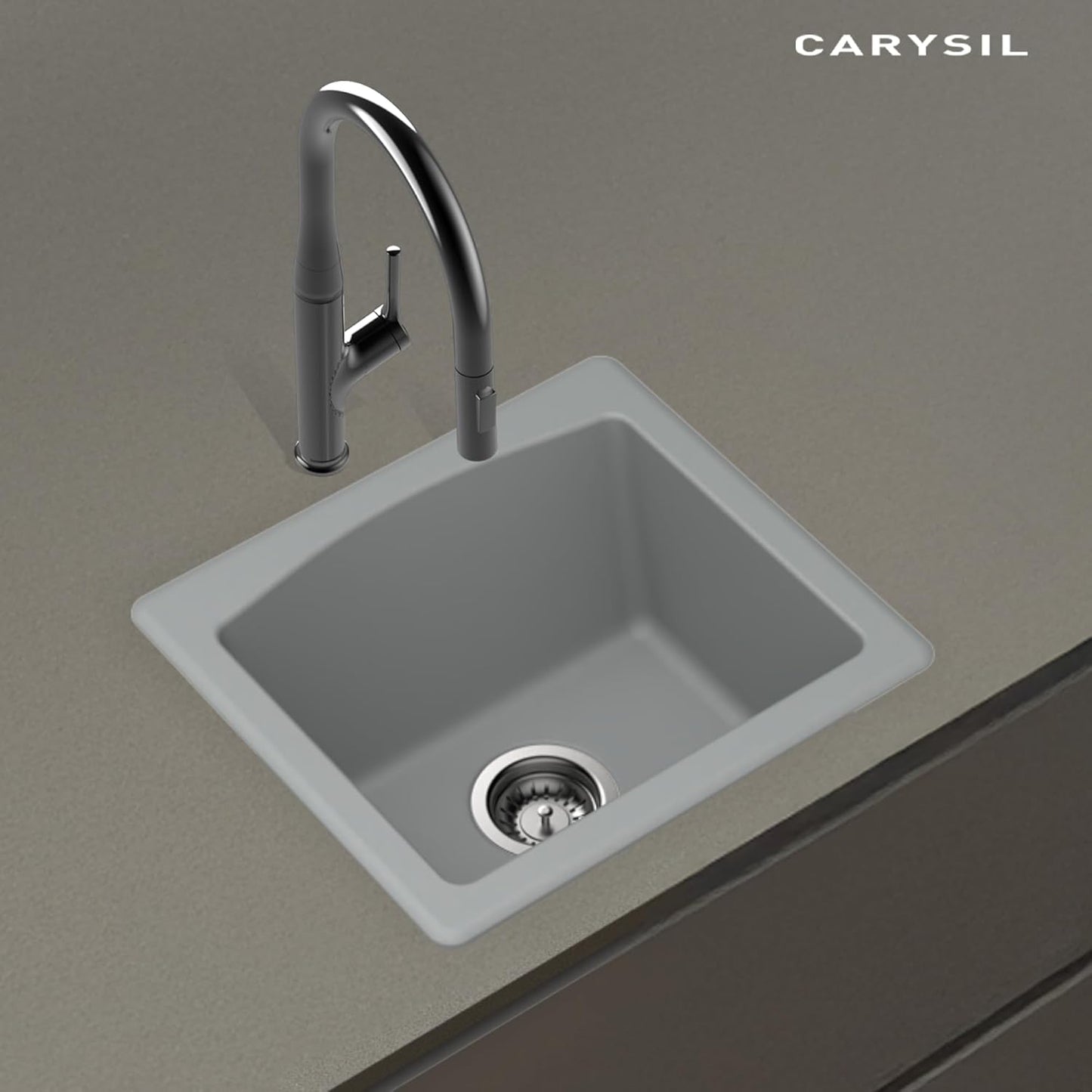 Carysil Quartz C'est Bon Single Bowl Kitchen Sink, Real Stone Finish, 304 Stainless Steel Coupling, Kitchen Sink with Sloping Drain, Noise Reduction Design, 18x16x8 inches, Croma